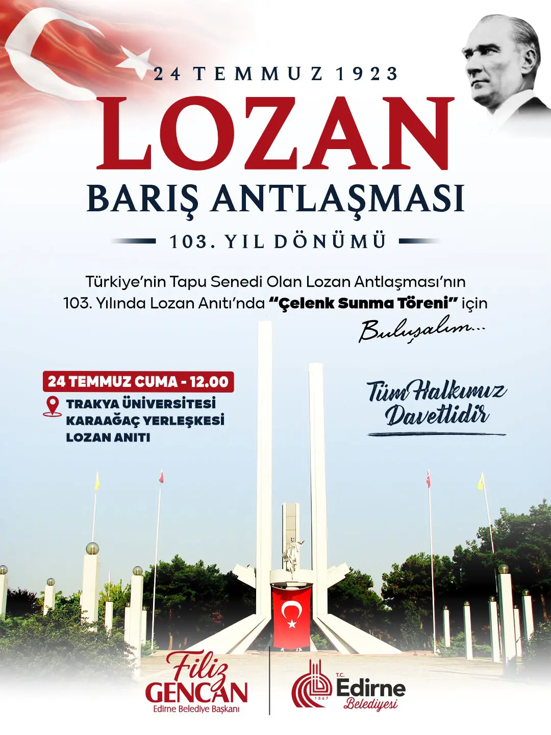 EDİRNE BELEDİYESİ LOZAN ANTLAŞMASI'NIN 103. YILINDA ANMA TÖRENİ DÜZENLEYECEK
